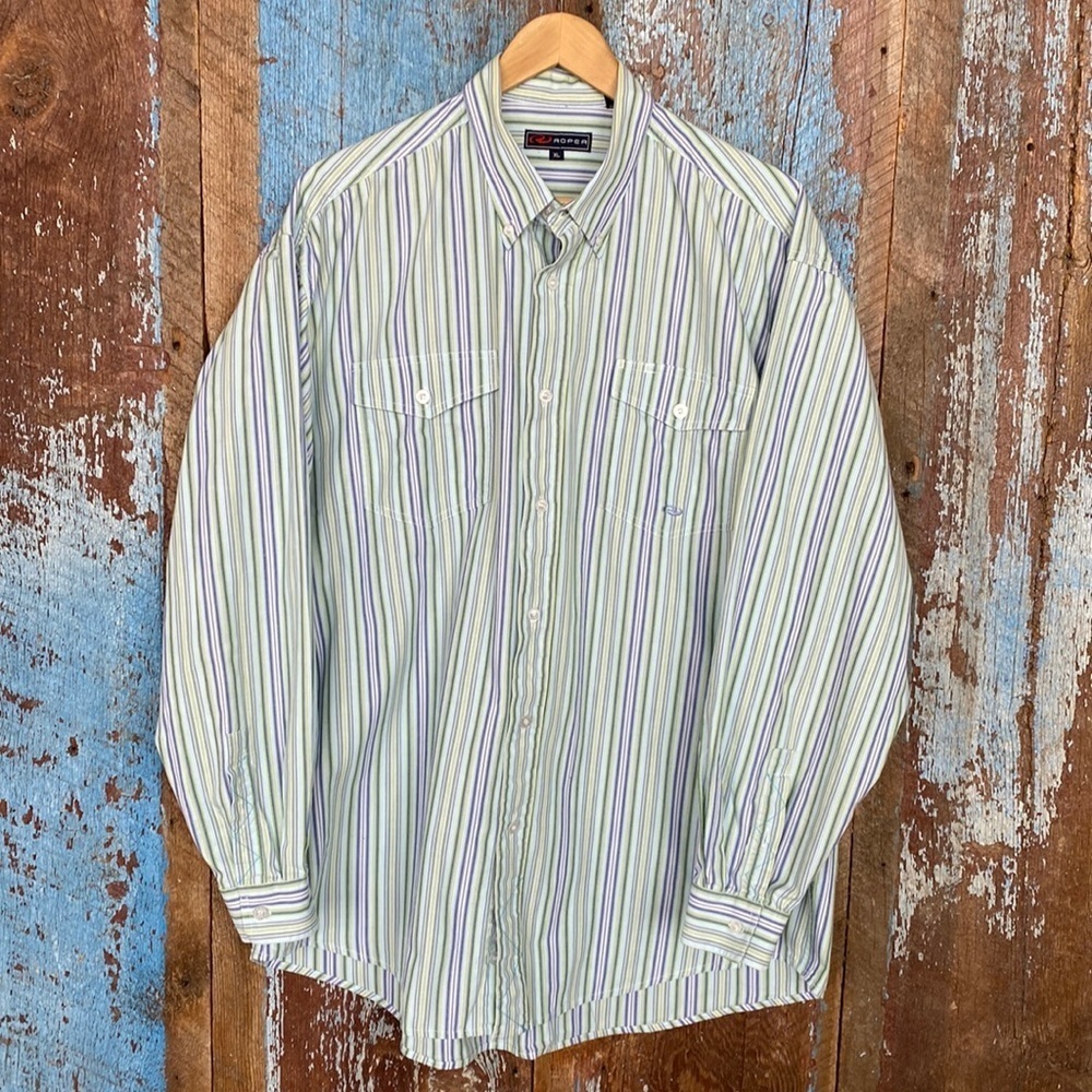 Roper Blue Green Striped Long Sleeve Button Down Shirt